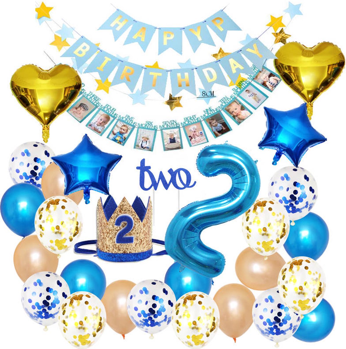Joya Beauty® 2 Jaar Verjaardag Versiering Set Blauw | Baby | 2e Verjaardagskroon | Happy Birthday Slinger Ballonnen | Jongen